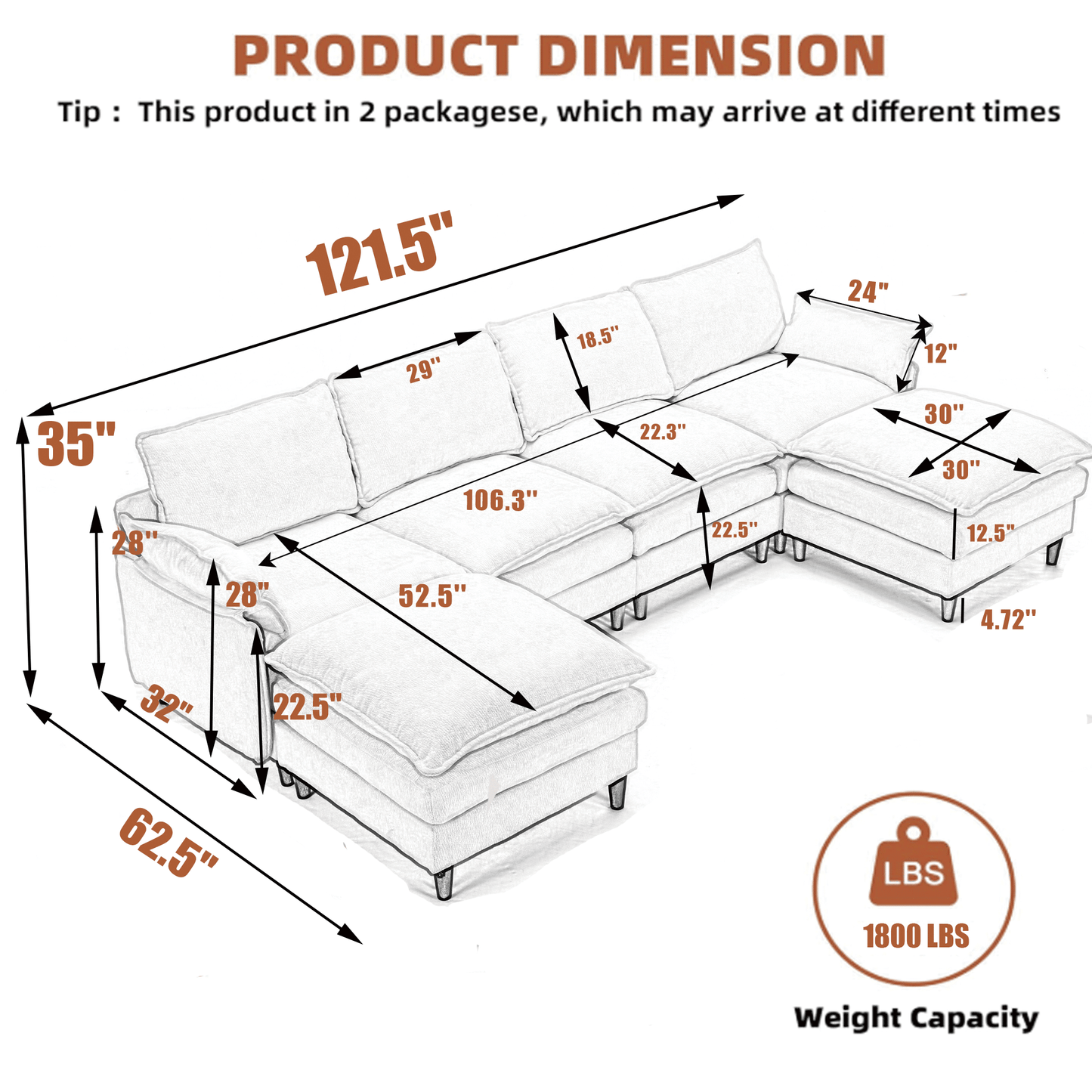 [NEW ARRIVED]Modular Sofa,U Shaped Cloud Couch Comfy Set ,6-Seater, 2 Armrest Pillows, Convertible Sectional Couch, Living Room,Apartment, Chenille(2 Movable Ottoman),Beige