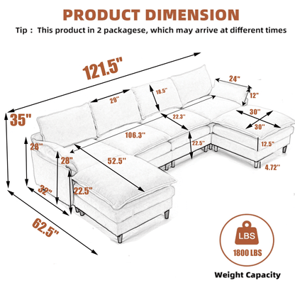 [NEW ARRIVED]Modular Sofa,U Shaped Cloud Couch Comfy Set ,6-Seater, 2 Armrest Pillows, Convertible Sectional Couch, Living Room,Apartment, Chenille(2 Movable Ottoman),Beige