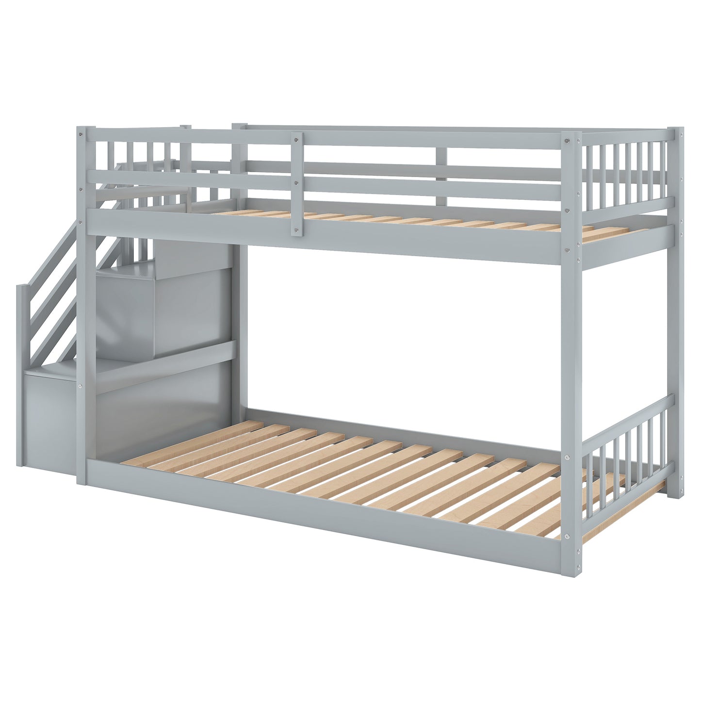 Twin over Twin Floor Bunk Bed, Ladder with Storage, Gray