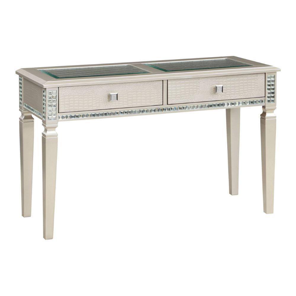 Sofa Table Silver Glam Storage Drawers Table 5mm Tempered Glass Top w/ Diamond Pattern Living Room 1pc Side Table.