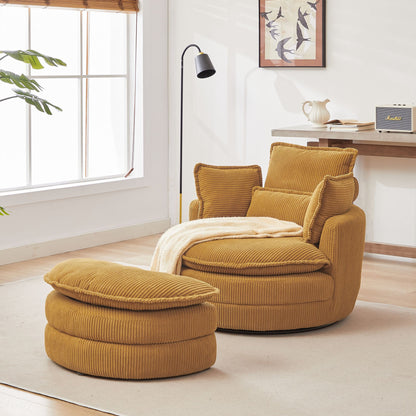 38" Modern Accent Round Swivel Barrel Oversized Chair with Moon Storage Ottoman & 4 Pillows in Yellow Corduroy