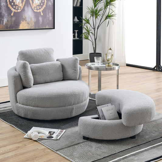 39"W Oversized Swivel Chair with moon storage ottoman for Living Room, Modern Accent Round Loveseat Circle Swivel Barrel Chairs for Bedroom Cuddle Sofa Chair Lounger Armchair, 4 Pillows, Teddy Fabric