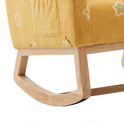 26.8"W Modern Rocking Chair for Nursery, Mid Century Accent Rocker Armchair With Side Pocket, Upholstered High Back Wooden Rocking Chair for Living Room Baby Kids Room Bedroom, Mustard Boucle