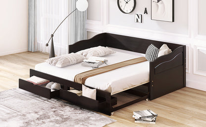 Wooden Daybed with Trundle Bed and Two Storage Drawers ; &nbsp;Extendable Bed Daybed; Sofa Bed with Two Drawers; Espresso