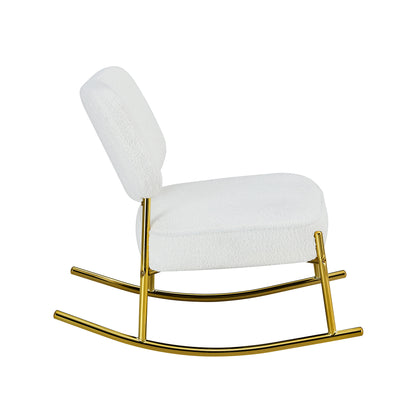 Teddy suede material cushioned rocking chair, unique rocking chair, cushioned seat, white rocking chair with backrest and golden metal legs. Comfortable side chairs in living room, bedroom, office