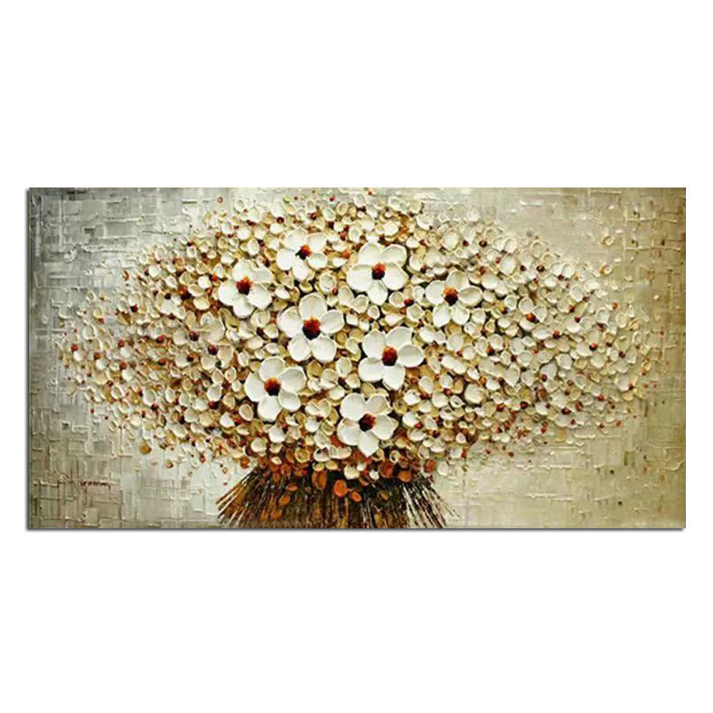 100% Hand Painted Palette Knife Bunch Of Beige Flowers Oil Painting On Canvas