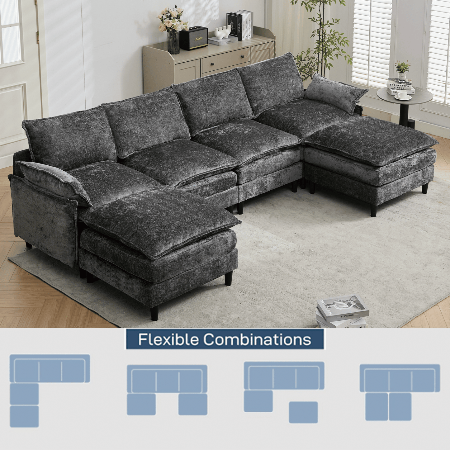 [NEW ARRIVED]Modular Sofa,U Shaped Cloud Couch Comfy Set ,6-Seater, 2 Armrest Pillows,Convertible Sectional Couch, Living Room,Apartment, Chenille(2 Movable Ottoman), Dark Gray