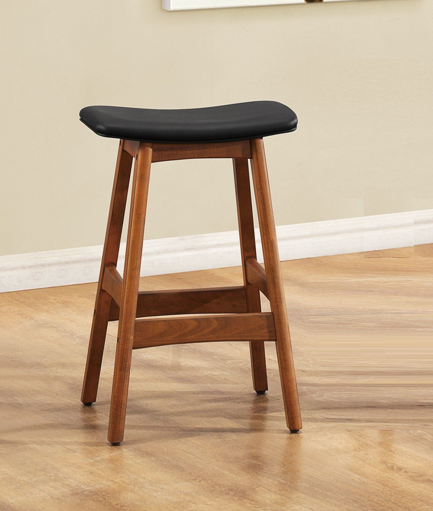 Solid Wood Walnut Finish Counter Height Stools Set of 2 Matt Black Faux Leather Seat Mid-Century Modern Barstools Kitchen Dining Furniture