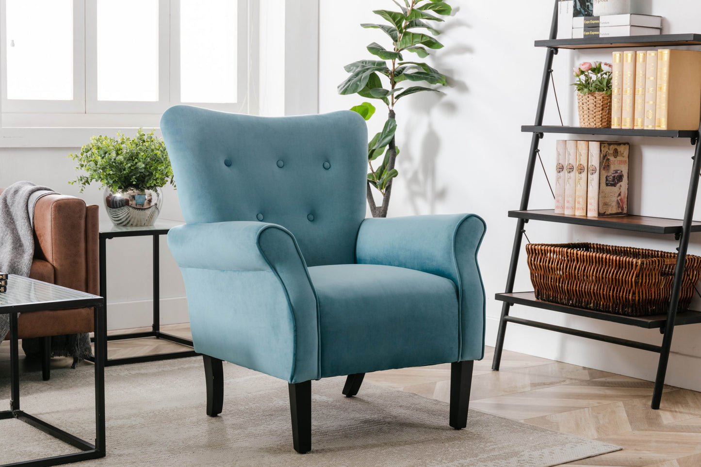 Stylish Living Room Furniture 1pc Accent Chair Blue Button-Tufted Back Rolled-Arms Black Legs Modern Design Furniture