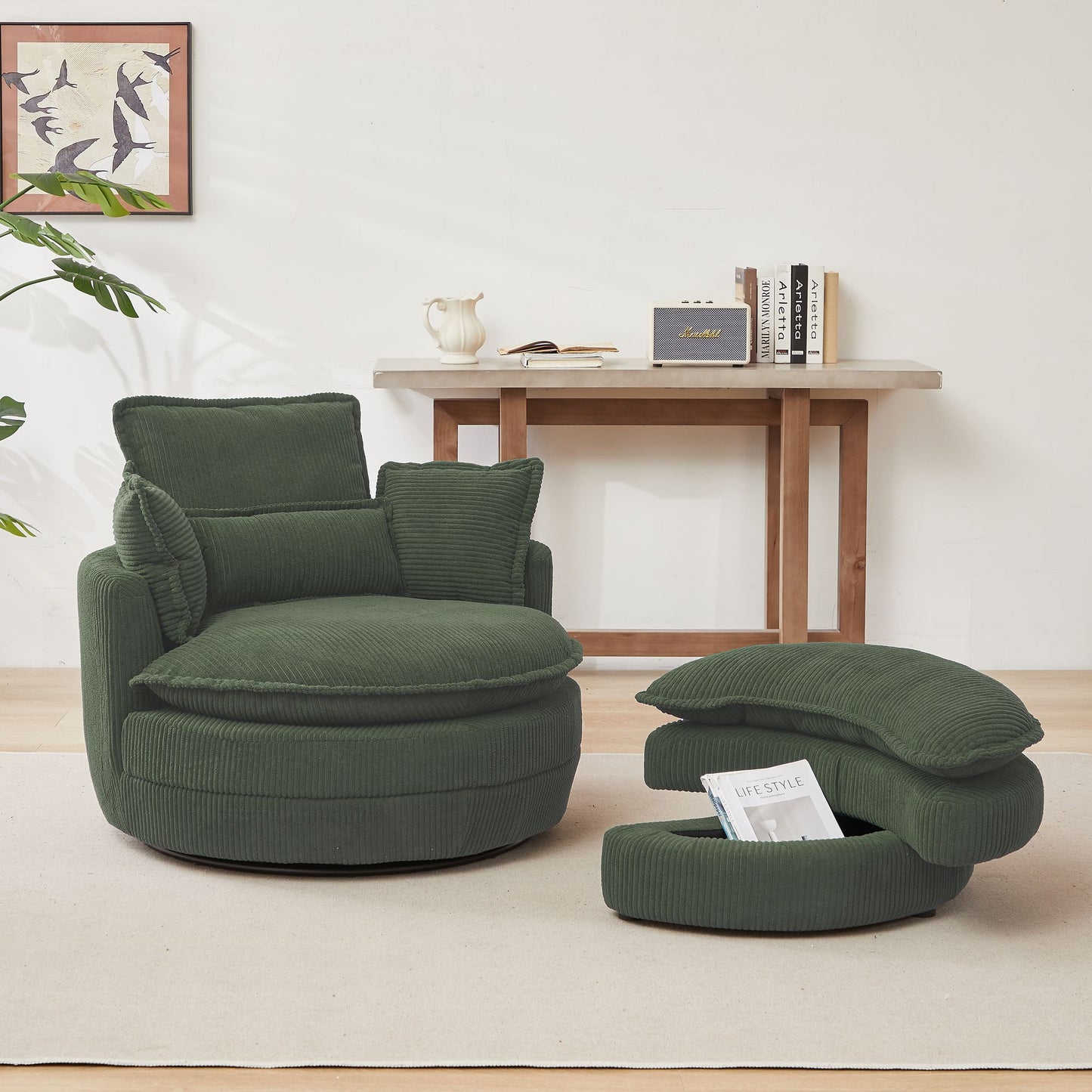 38" Modern Accent Round Swivel Barrel Oversized Chair with Moon Storage Ottoman with 4 Pillows in Green Corduroy