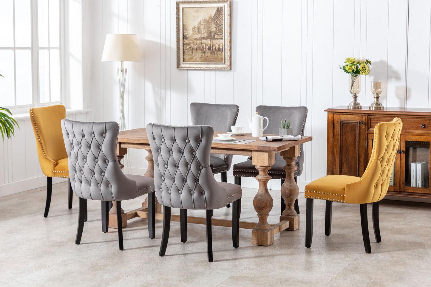 A&A Furniture,Upholstered Wing-Back Dining Chair with Backstitching Nailhead Trim and Solid Wood Legs,Set of 2, Gray,SW8809GY, KD