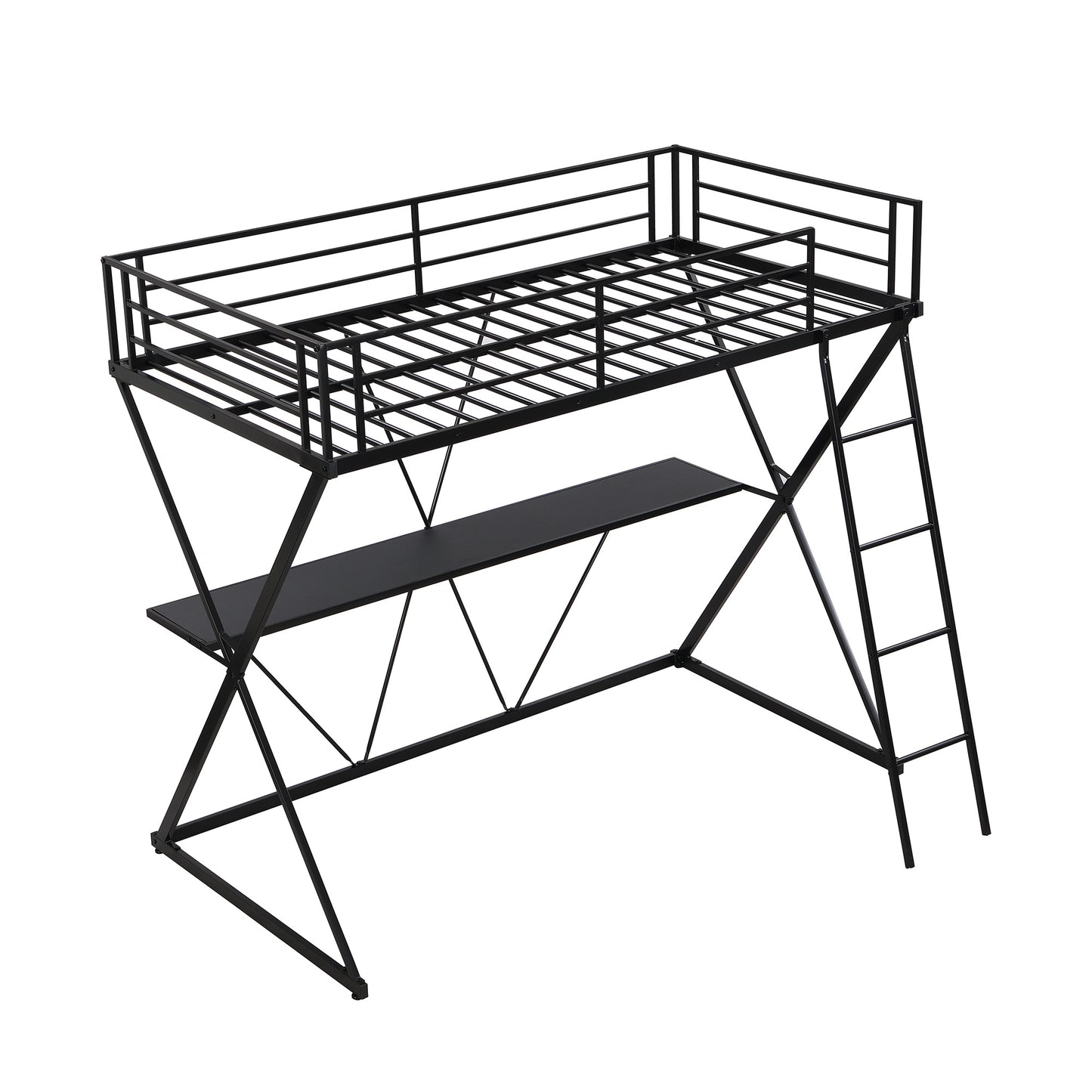 Twin Size Loft Bed with Desk, Ladder and Full-Length Guardrails, X-Shaped Frame, Black(Old SKU: MF297073AAB)