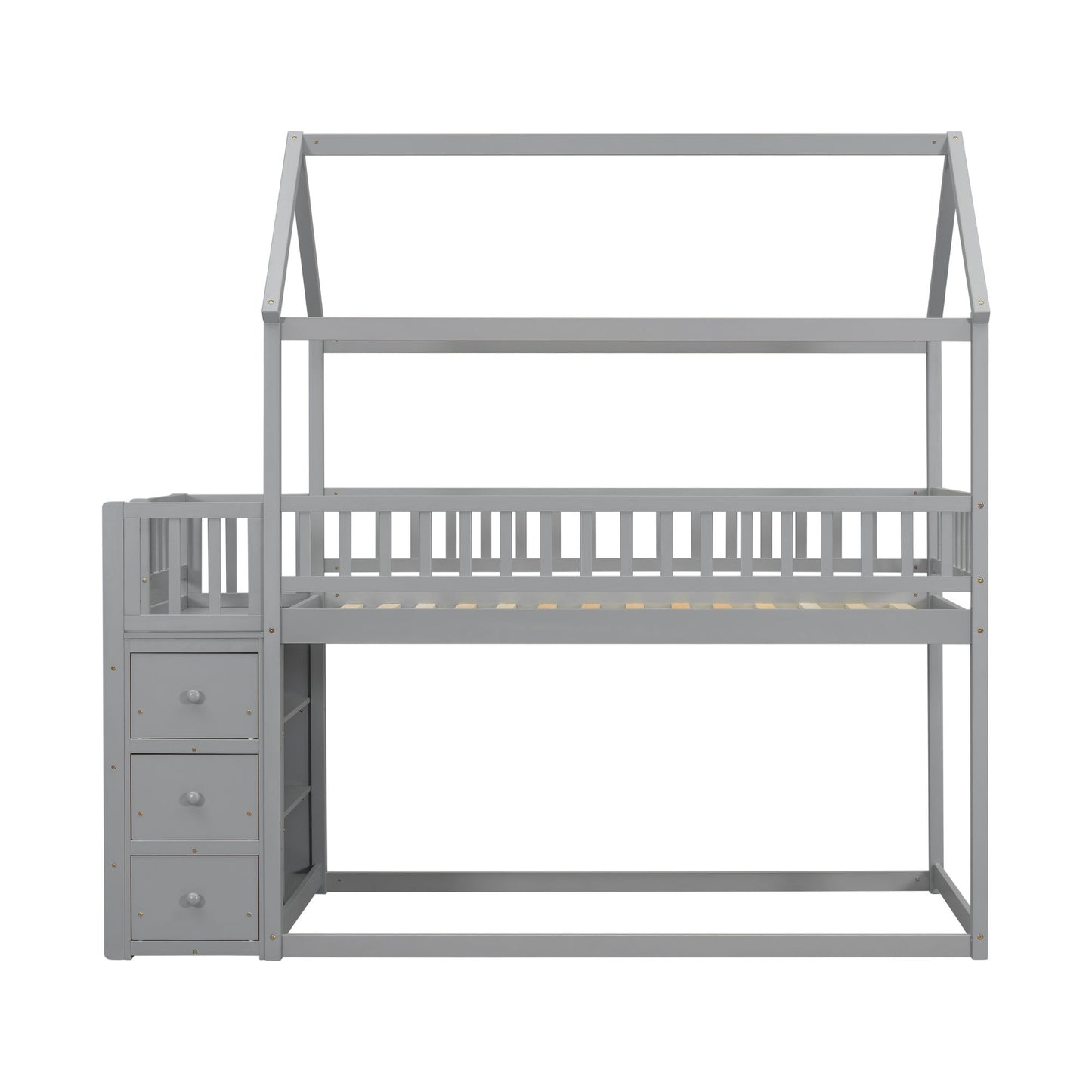 TWIN/TWIN HOUSE BUNK BED WITH SHELVES AND DRAWERS FOR GREY COLOR