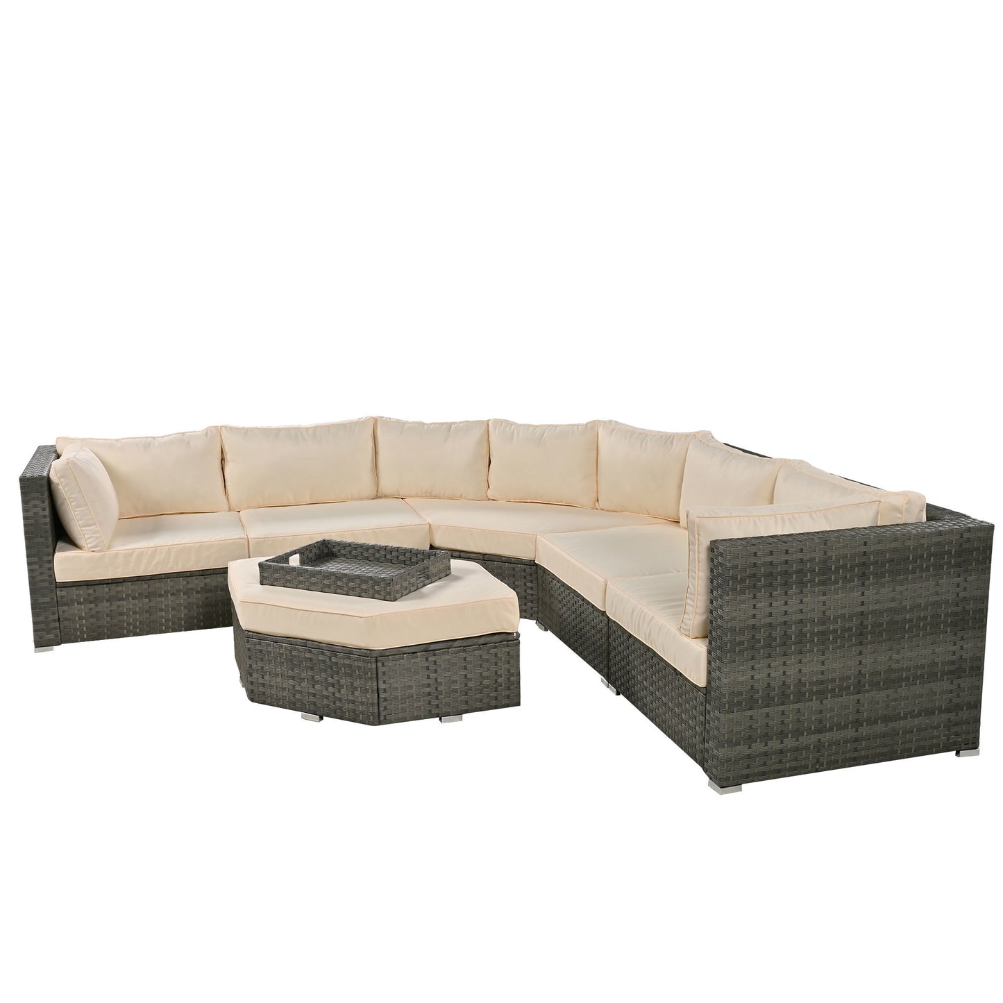 U-style Patio Furniture Set, 6 Piece Outdoor Conversation Set All Weather Wicker Sectional Sofa with Ottoman and Cushions and Small Trays