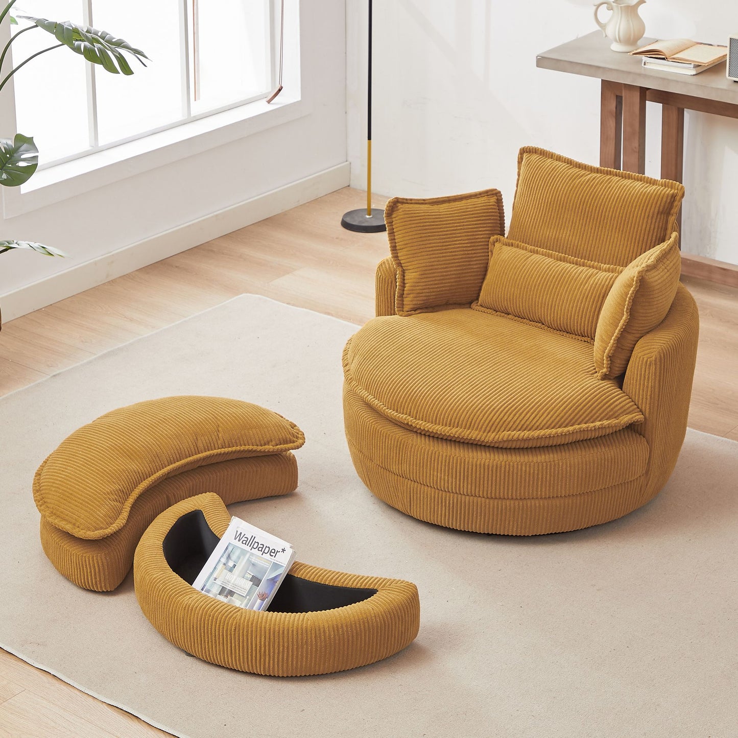 38" Modern Accent Round Swivel Barrel Oversized Chair with Moon Storage Ottoman & 4 Pillows in Yellow Corduroy