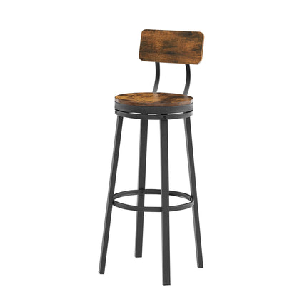 Swivel bar stool set of 2 with backrest, industrial style, metal frame, 29.5'' high for dining room. Rustic Brown, 13.4''w x 40.5''h.