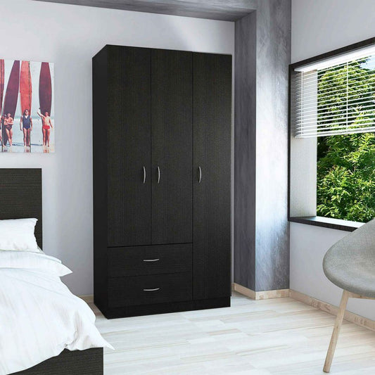 Three Door Armoire Clark, Metal Rod, Black Wengue Finish