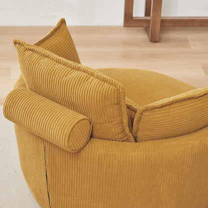 38" Modern Accent Round Swivel Barrel Oversized Chair with Moon Storage Ottoman & 4 Pillows in Yellow Corduroy