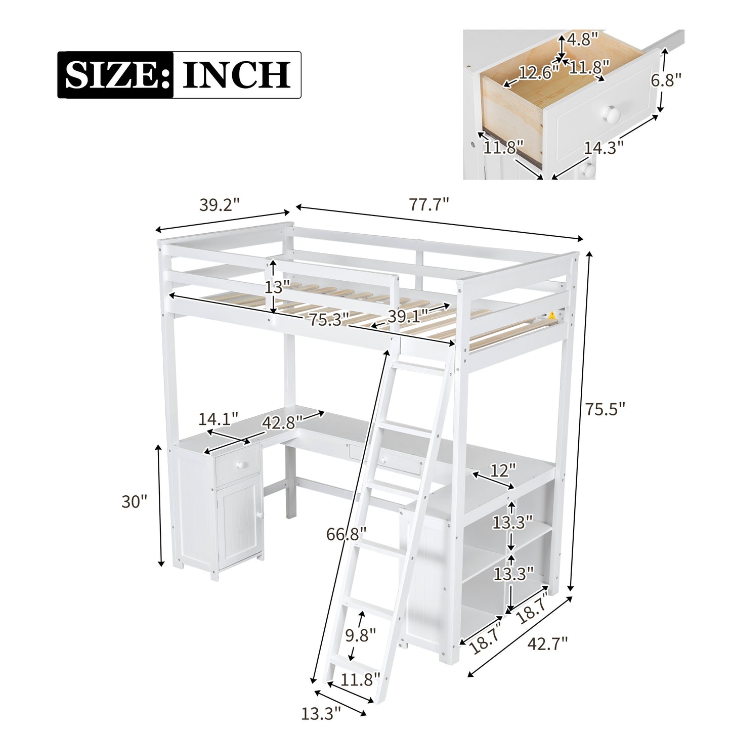 Twin Size Loft Bed with U-shaped Desk, Drawers and Storage Shelves, White