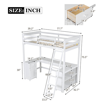 Twin Size Loft Bed with U-shaped Desk, Drawers and Storage Shelves, White