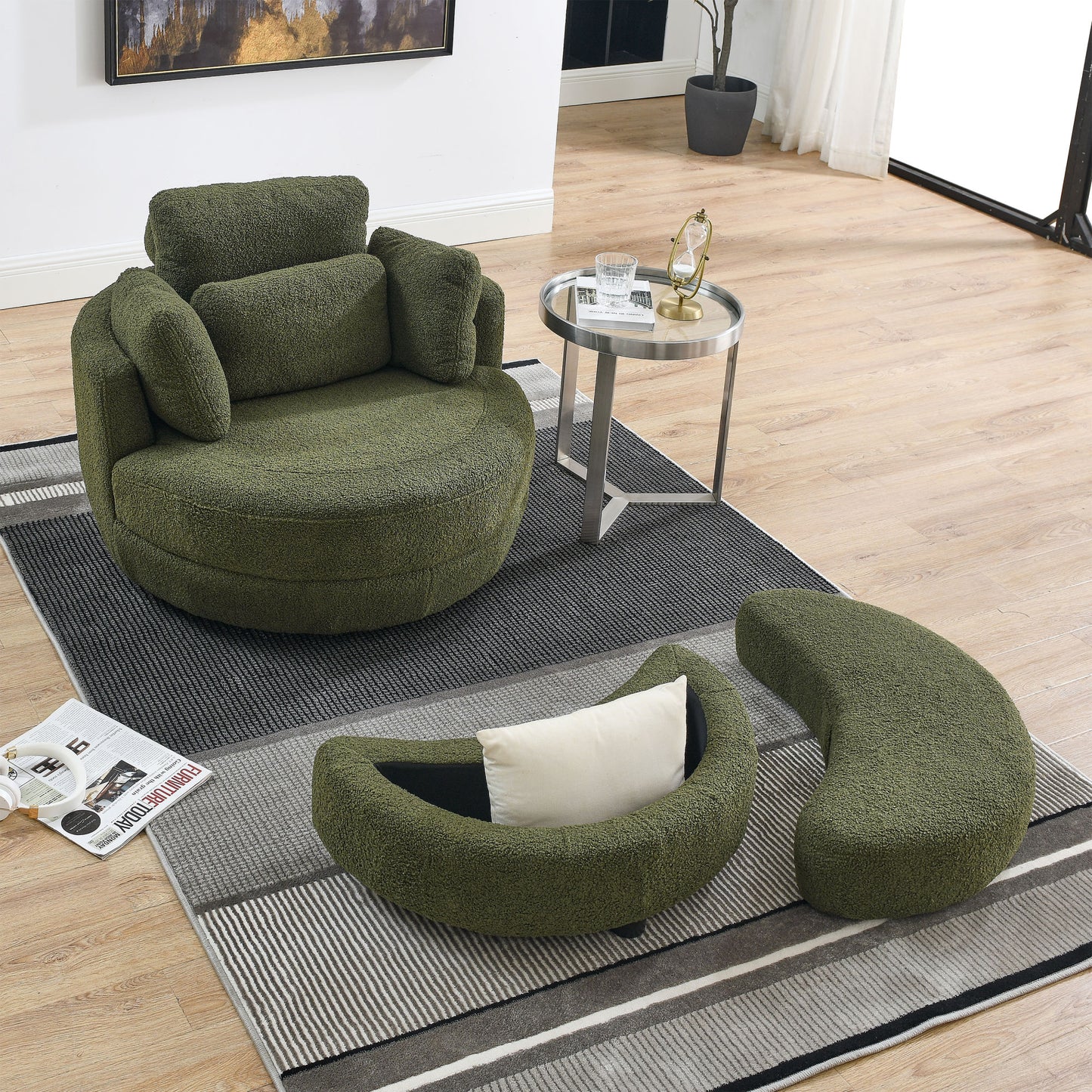 39"W Oversized Swivel Chair with moon storage ottoman for Living Room, Modern Accent Round Loveseat Circle Swivel Barrel Chairs for Bedroom Cuddle Sofa Chair Lounger Armchair, 4 Pillows, Teddy Fabric