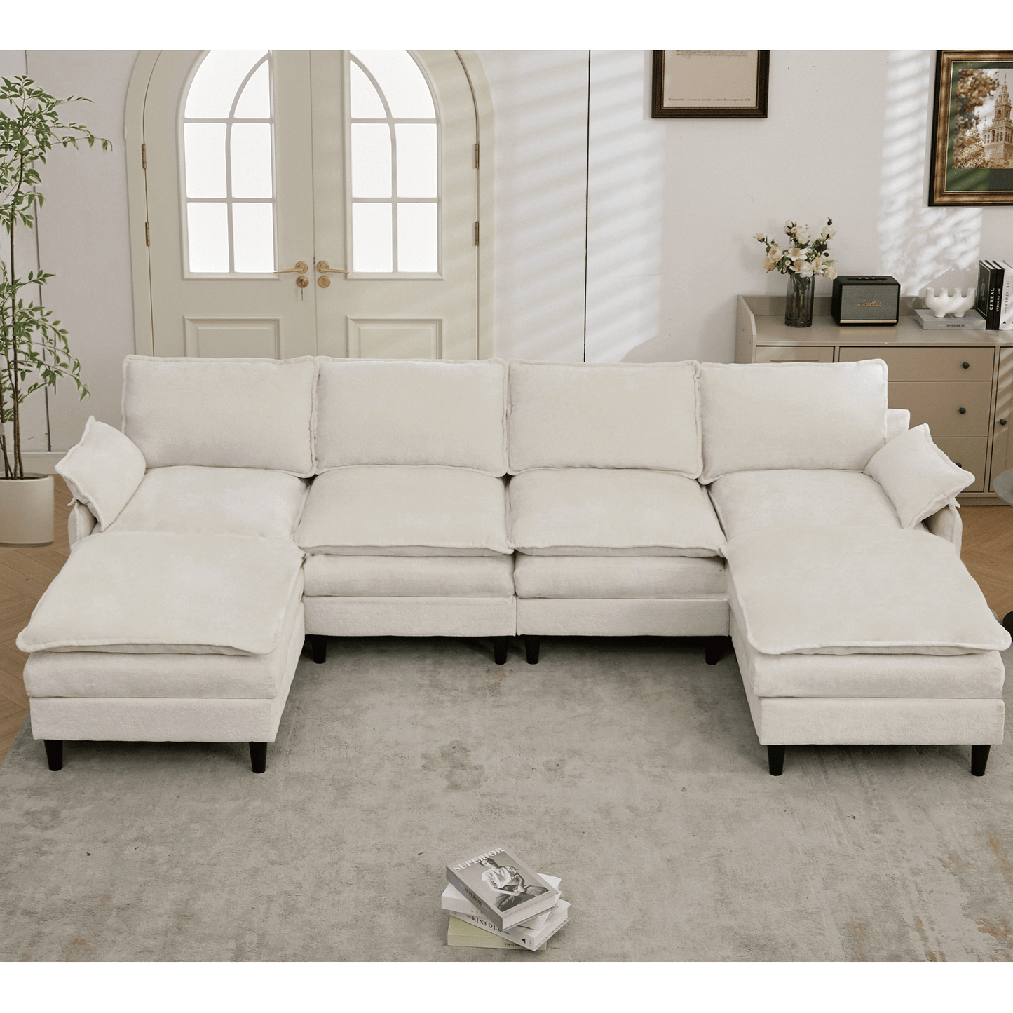 [NEW ARRIVED]Modular Sofa,U Shaped Cloud Couch Comfy Set ,6-Seater, 2 Armrest Pillows, Convertible Sectional Couch, Living Room,Apartment, Chenille(2 Movable Ottoman),Beige