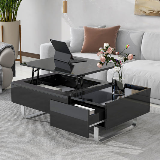 [VIDEO provided] ON-TREND Multi-functional Coffee Table with Lifted Tabletop, Contemporary Cocktail Table with Metal Frame Legs, High-gloss Surface Dining Table for Living Room, Black