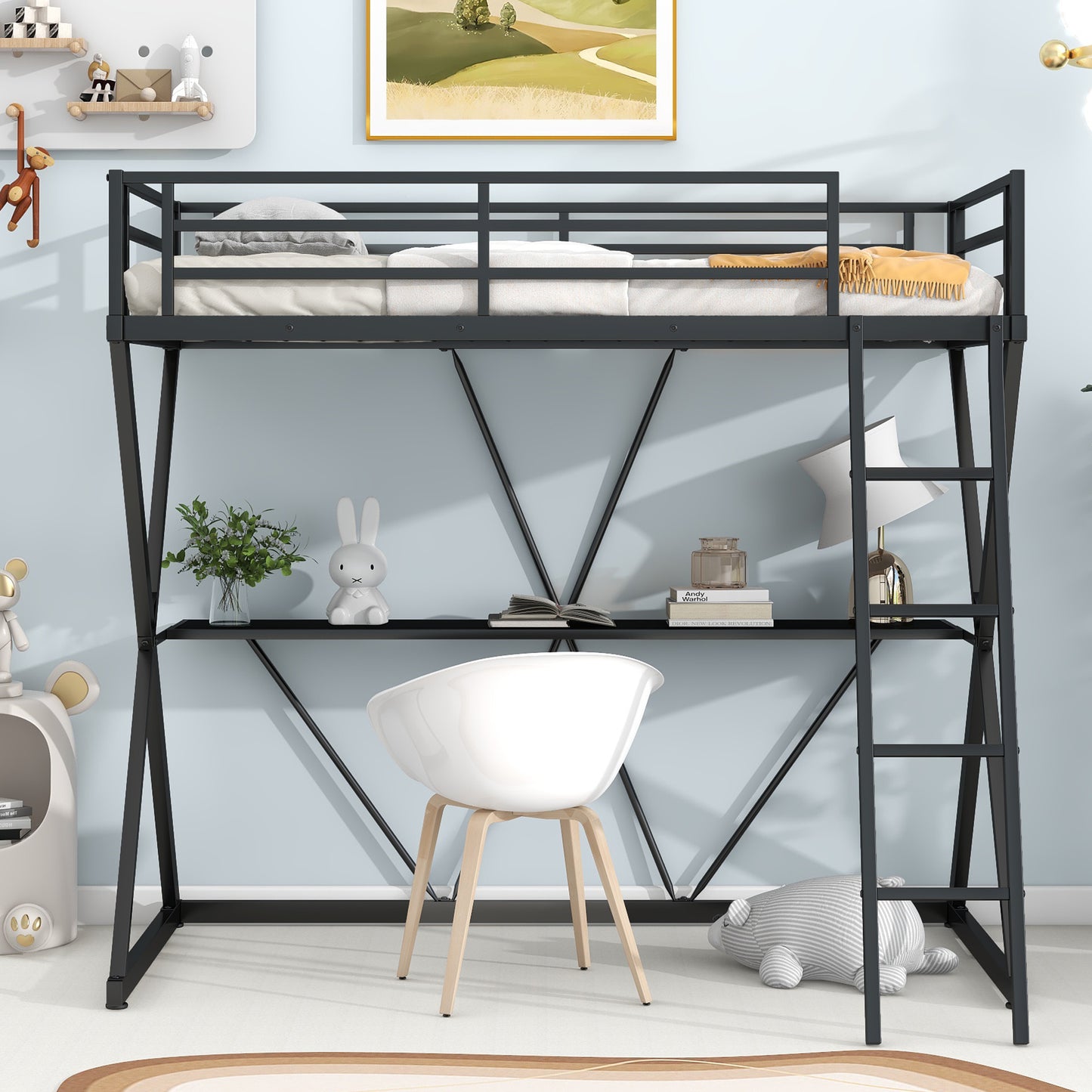 Twin Size Loft Bed with Desk, Ladder and Full-Length Guardrails, X-Shaped Frame, Black(Old SKU: MF297073AAB)