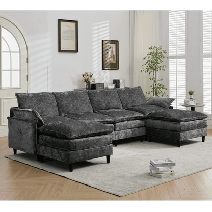 [NEW ARRIVED]Modular Sofa,U Shaped Cloud Couch Comfy Set ,6-Seater, 2 Armrest Pillows,Convertible Sectional Couch, Living Room,Apartment, Chenille(2 Movable Ottoman), Dark Gray