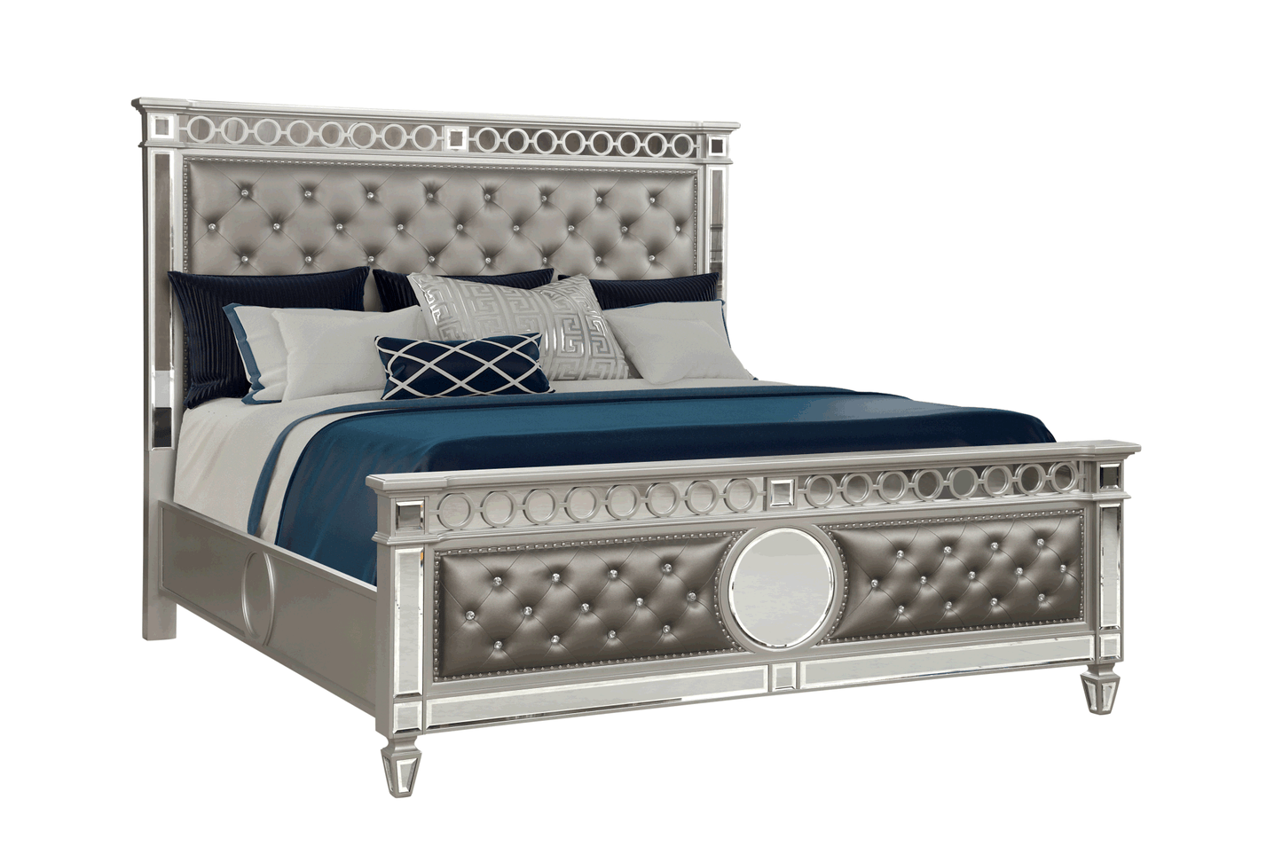 Symphony Modern Style Ringed & Mirror Front Crystal Tufted Upholstery Queen Bed Made with Wood & Diamond shaped legs in Silver