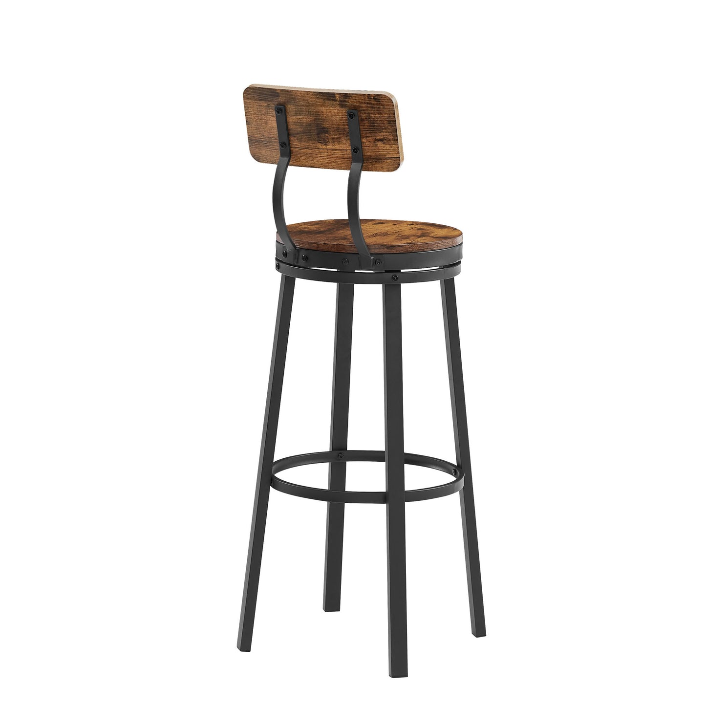 Swivel bar stool set of 2 with backrest, industrial style, metal frame, 29.5'' high for dining room. Rustic Brown, 13.4''w x 40.5''h.