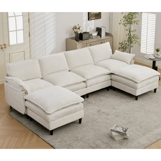 [NEW ARRIVED]Modular Sofa,U Shaped Cloud Couch Comfy Set ,6-Seater, 2 Armrest Pillows, Convertible Sectional Couch, Living Room,Apartment, Chenille(2 Movable Ottoman),Beige