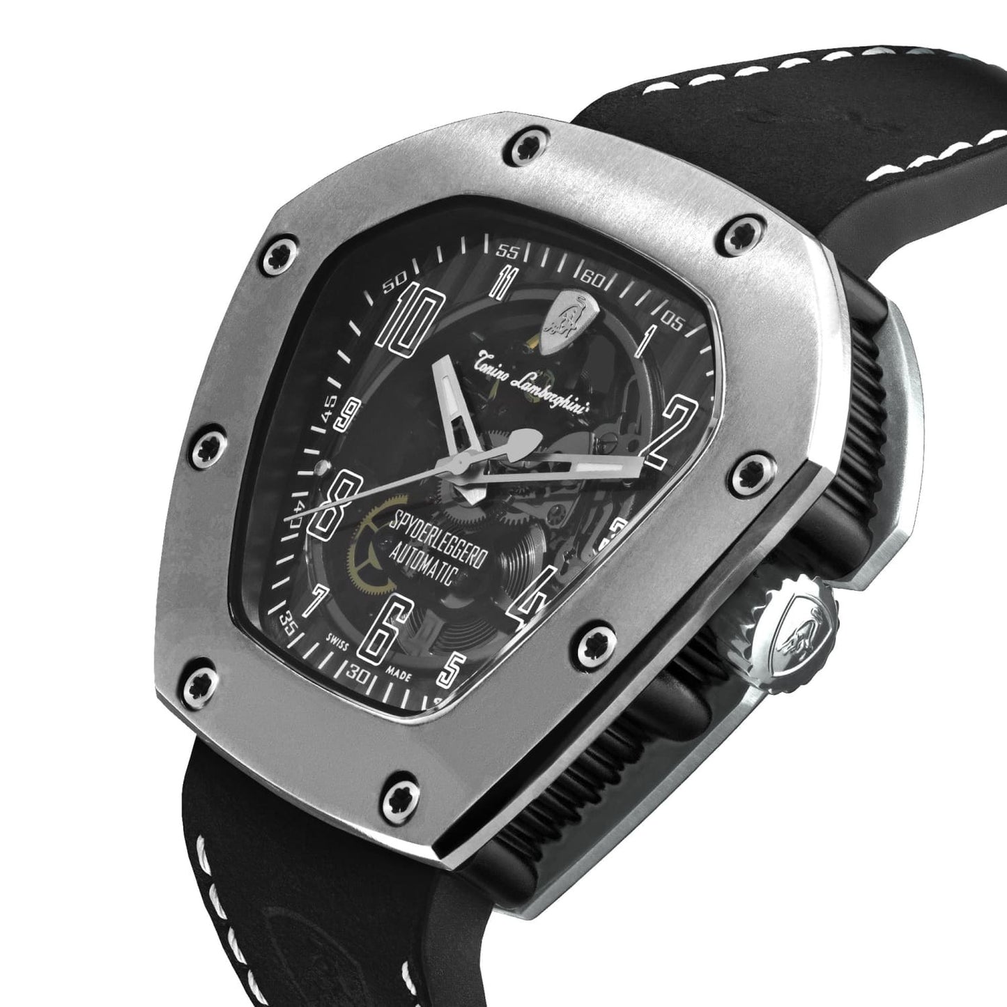 Tonino Lamborghini Men's 'SPYDERLEGGERO' Skeleton Dial Black Leather Strap Automatic Watch TLF-T06-1