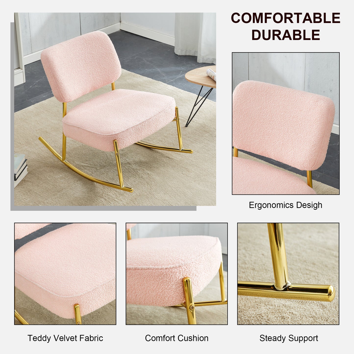 Teddy velvet material cushioned rocking chair, unique rocking chair, cushioned seat, pink backrest rocking chair, and golden metal legs. Comfortable side chairs in the living room, bedroom, and office