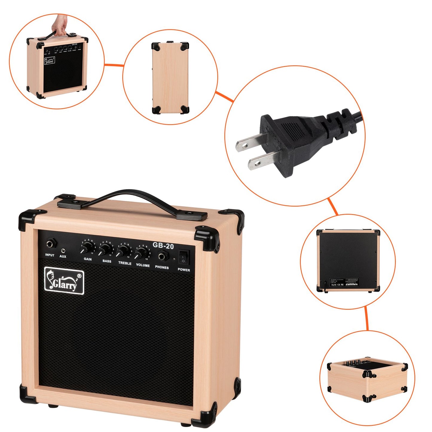 [Do Not Sell on Amazon]Glarry 20W GB-20 Electric Bass Guitar Amplifier Natural Color