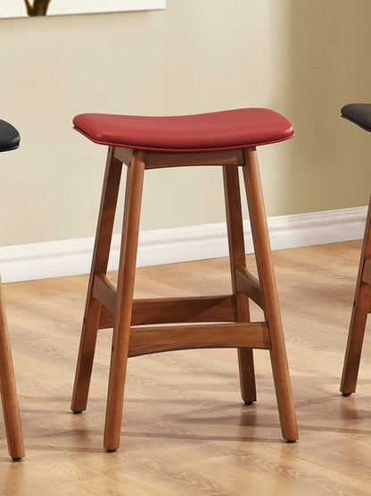 Solid Wood Walnut Finish Counter Height Stools Set of 2 Red Faux Leather Seat Mid-Century Modern Barstools Kitchen Dining Furniture