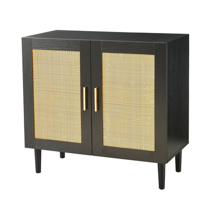 Side panel buffet cabinet with natural rattan door, rattan storage cabinet with adjustable shelves, side panel and buffet with storage space, modern console cabinet in bedroom and living room