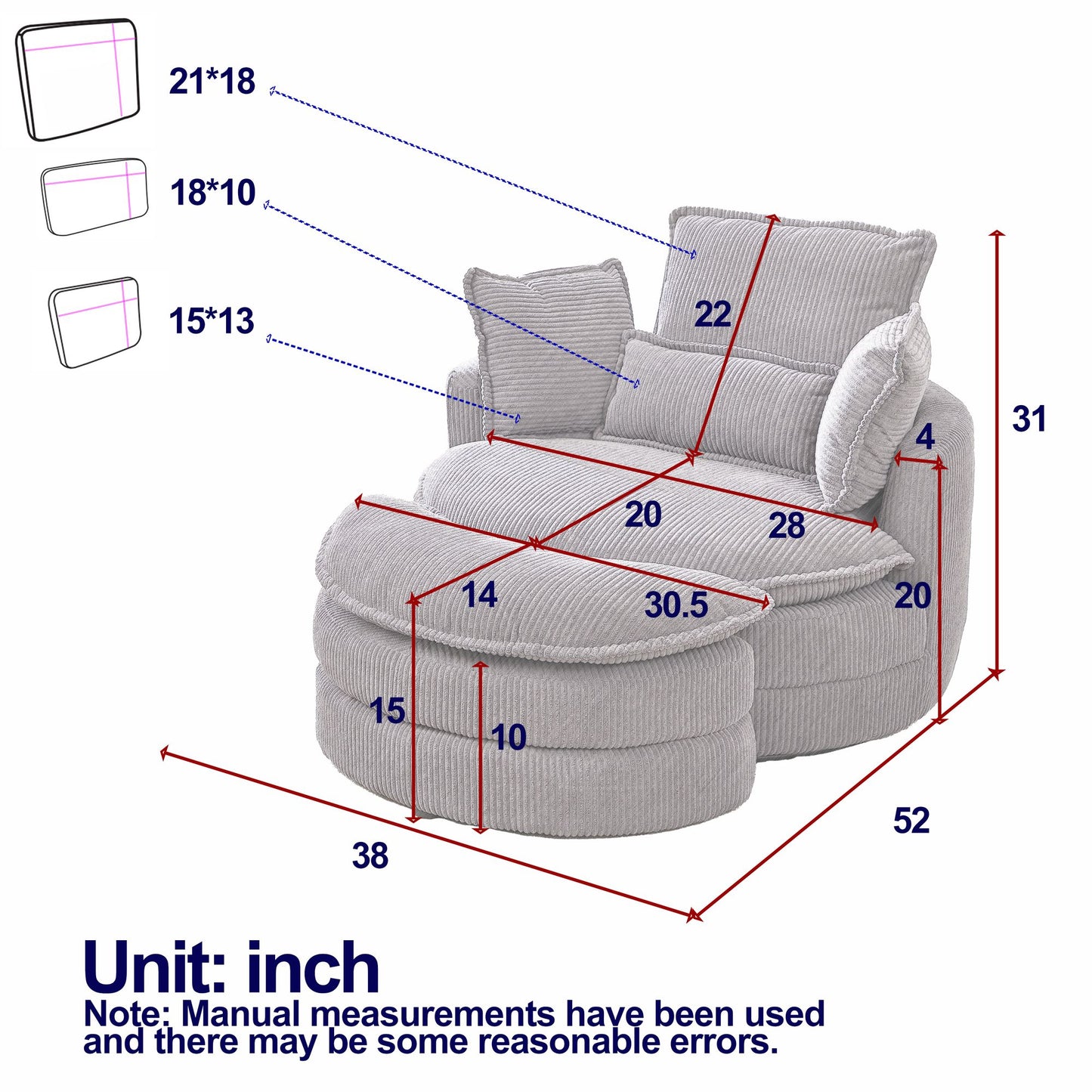 38" Modern Accent Round Swivel Barrel Oversized Chair with Moon Storage Ottoman & 4 Pillows in Yellow Corduroy