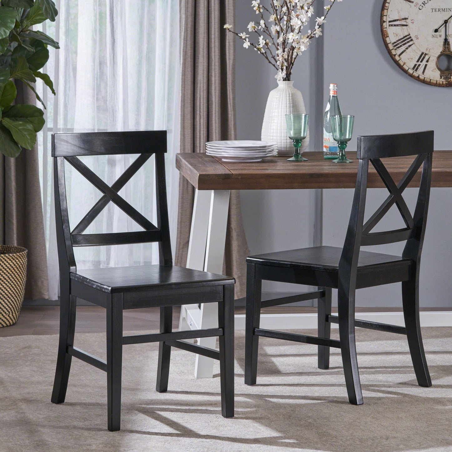 Acacia Wood Dining Chairs, Black (Set of 2)