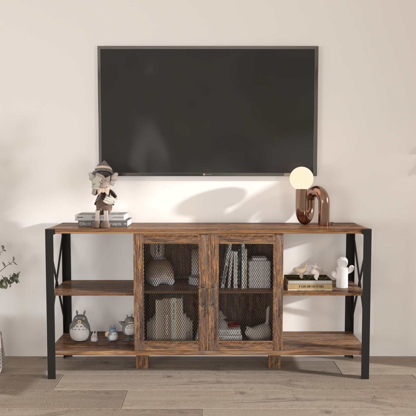 TV Stands for Living Room, Industrial TV Stand for Bedroom Furniture, Farmhouse TV Stand 80 Inch Television Stand , Modern Horizontal Wood and Metal Open Bookshelf