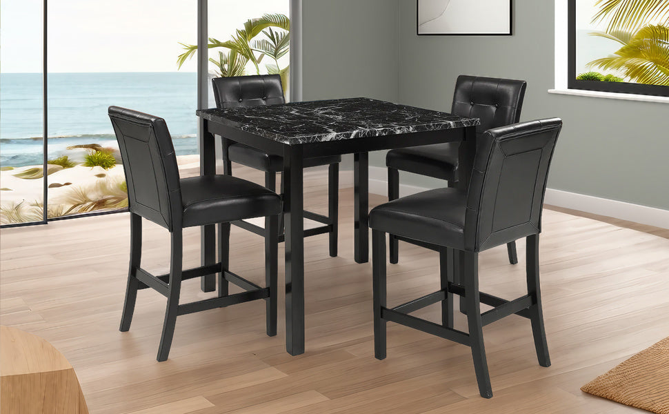 TOPMAX 5-Piece Kitchen Table Set Faux Marble Top Counter Height Dining Table Set with 4 PU Leather-Upholstered Chairs, Black