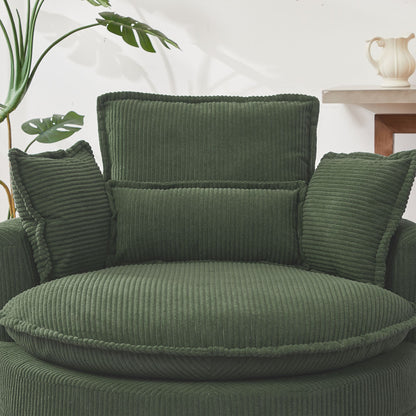 38" Modern Accent Round Swivel Barrel Oversized Chair with Moon Storage Ottoman with 4 Pillows in Green Corduroy