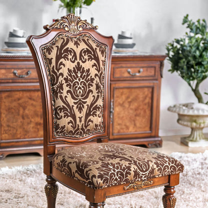 Traditional Fancy Set of 2pcs Side Chairs Brown Cherry Solid wood Intricate Carved Details Floral Design Print Fabric Seats Formal Dining Room Furniture