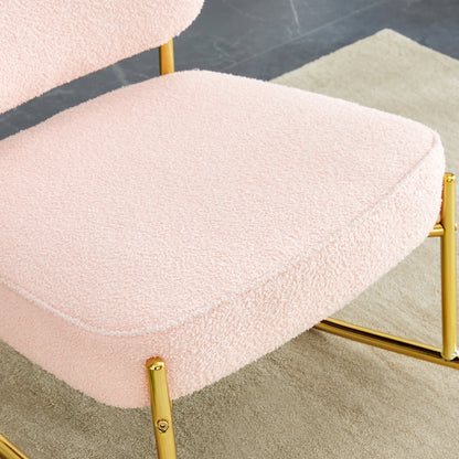 Teddy velvet material cushioned rocking chair, unique rocking chair, cushioned seat, pink backrest rocking chair, and golden metal legs. Comfortable side chairs in the living room, bedroom, and office