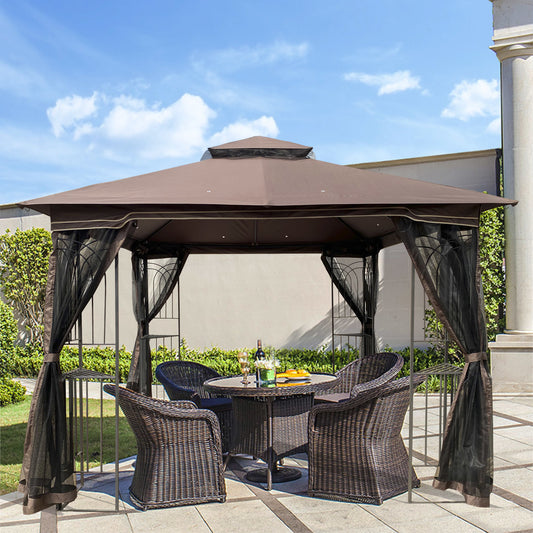 10x10 Outdoor Patio Gazebo Canopy Tent With Ventilated Double Roof And Mosquito net(Detachable Mesh Screen On All Sides),Suitable for Lawn, Garden, Backyard and Deck,Brown Top