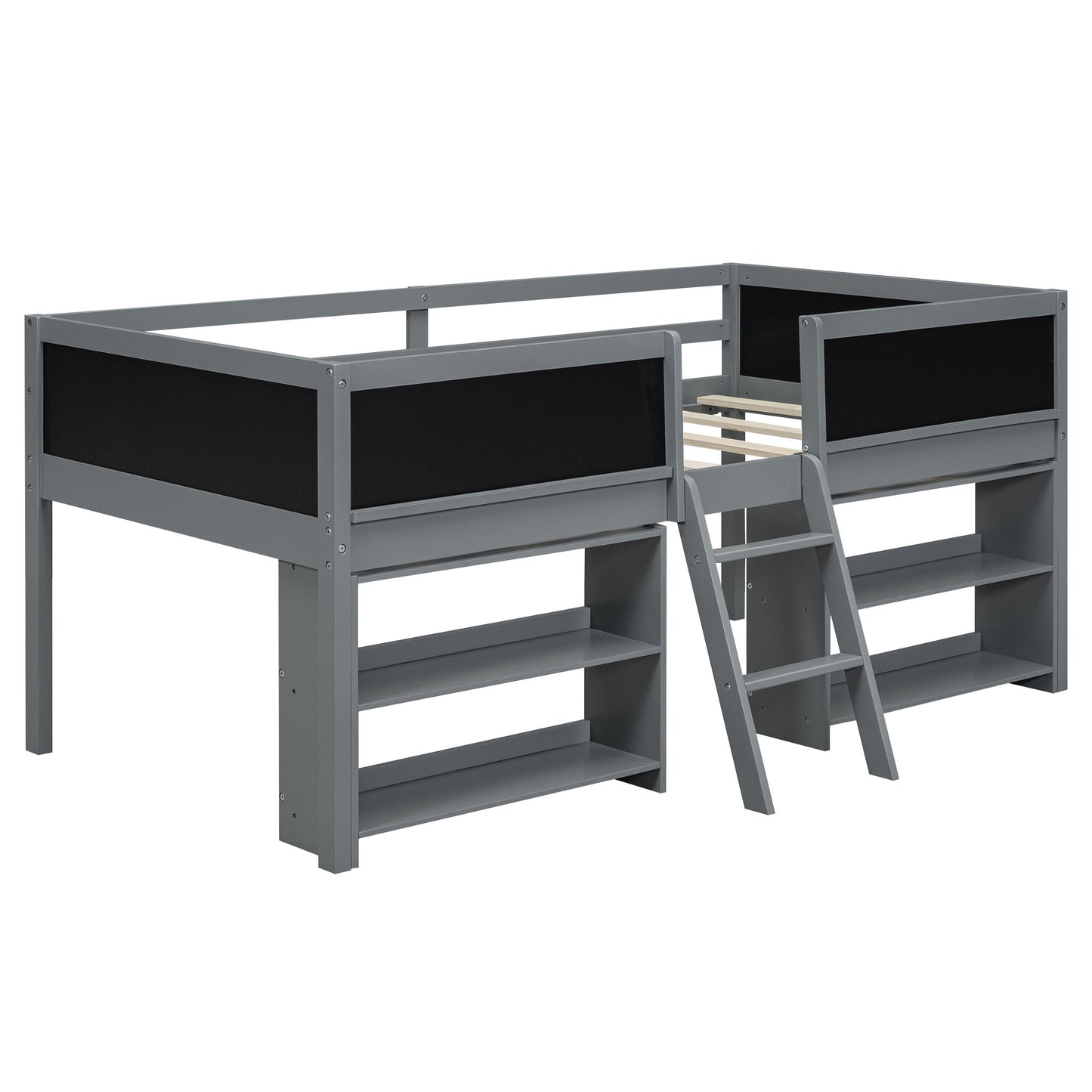 Twin Size Low Loft Bed with Two Movable Shelves and Ladder,with Decorative Guardrail Chalkboard,Gray(Old SKU: WF283286AAE)