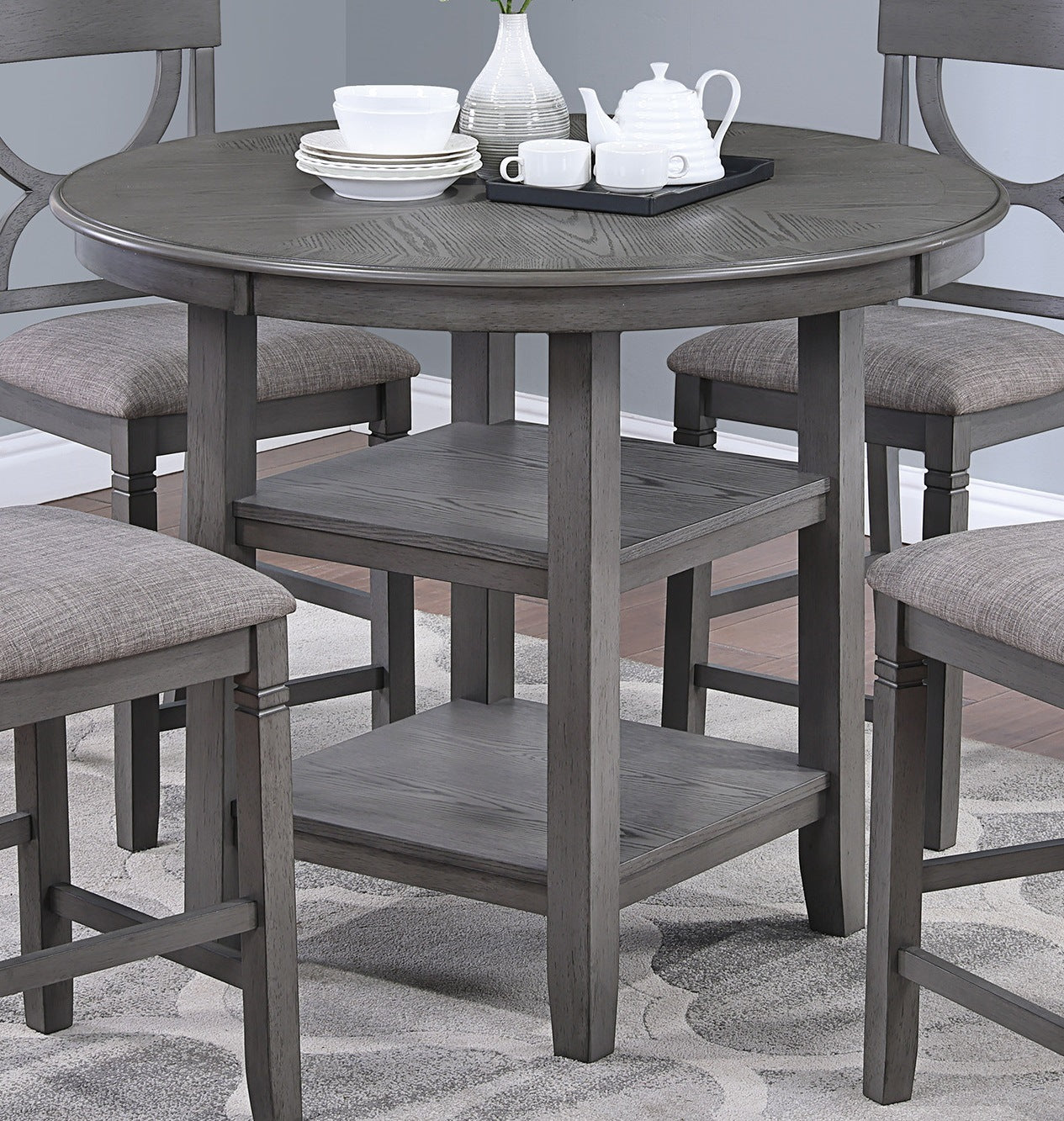 Counter Height Dining Table w Storage Shelve 4x Chairs Padded Seat Unique Design Back 5pc Dining Set Gray Color