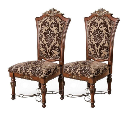 Traditional Fancy Set of 2pcs Side Chairs Brown Cherry Solid wood Intricate Carved Details Floral Design Print Fabric Seats Formal Dining Room Furniture