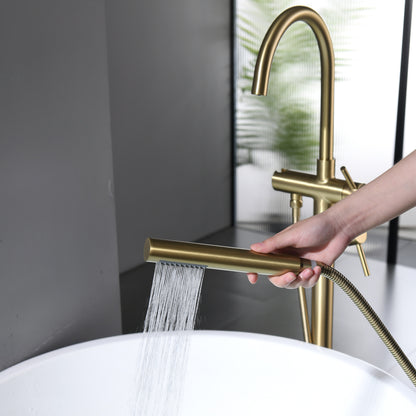 Bathtub Faucet Free Standing Floor Mounted Tub Faucet Tub Filler, Bathroom High Flow Shower Faucets with Handheld Shower Brushed Gold