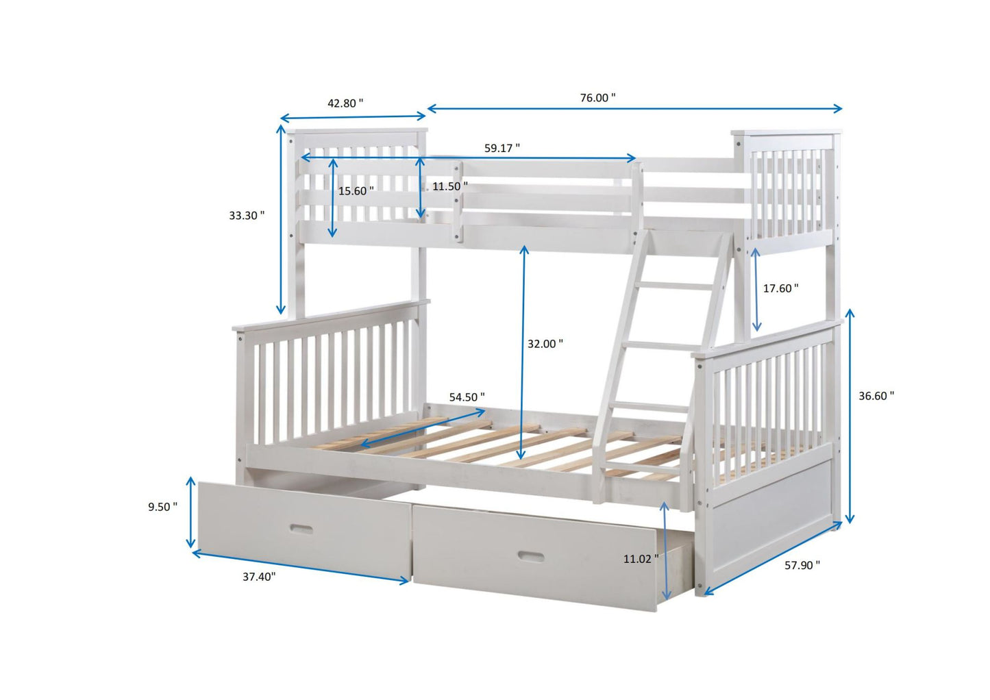 Twin Over Full Bunk Bed with Storage Drawers, Wooden Bunk Bed with Ladder and Safety Guard Rails –White